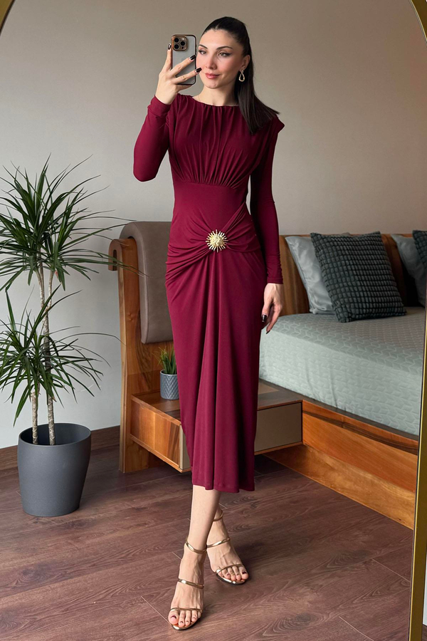 Bordo Güneş Tokalı Drape Detaylı Elbise