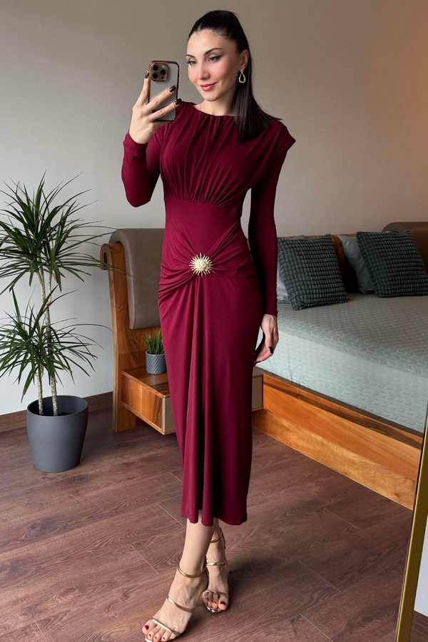 Bordo Güneş Tokalı Drape Detaylı Elbise