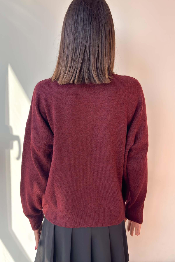 Bordo Keten Çiçekli Oversize Kazak
