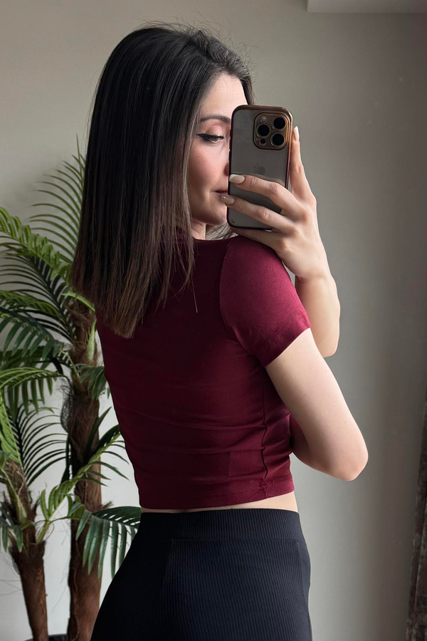 Bordo Kiraz Nakışlı Soft Touch Modal Kısakollu T Shirt