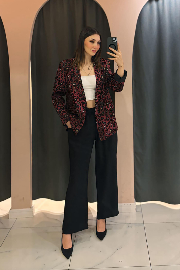 Bordo Leopar Desenli Ceket