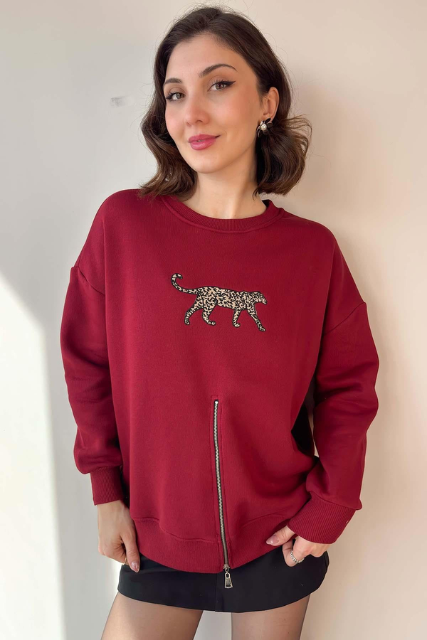 Bordo Leopar Nakışlı Fermuarlı Sweatshirt