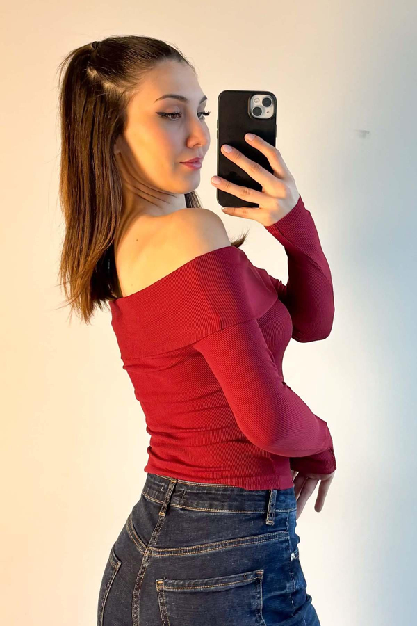 Bordo Madonna Yaka Kaşkorse Bluz