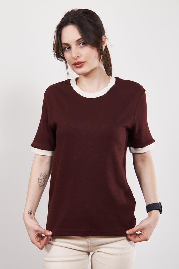 Bordo Massi Kontrast Yaka ve Manşetli T Shirt