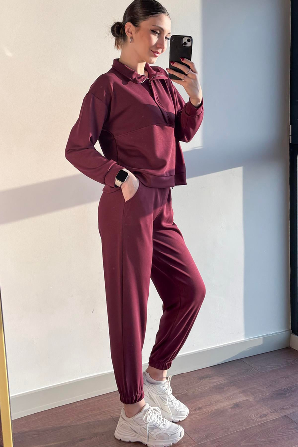 Bordo OYSH Modal Kumaş Yarım Fermuarlı Takım