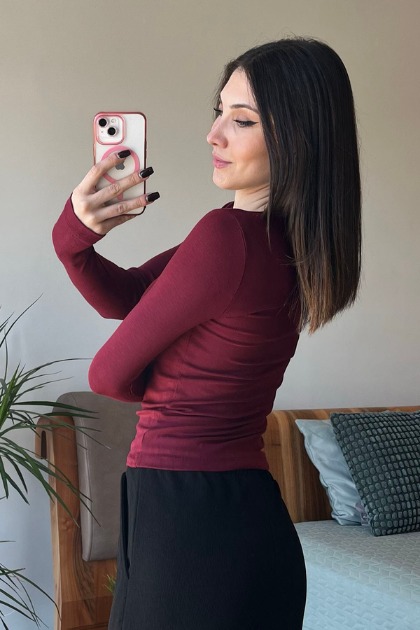 Bordo OYSH Soft Touch Kumaş Parmak Geçmeli Body
