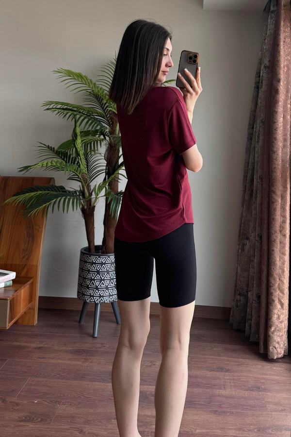 Bordo V Yaka Basic T Shirt