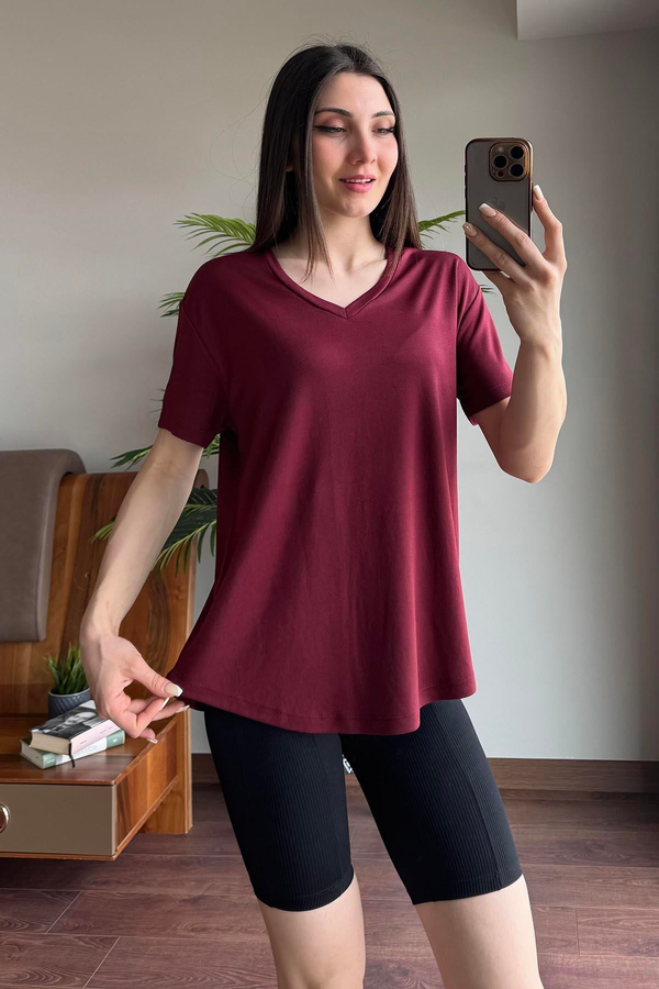 Bordo V Yaka Basic T Shirt