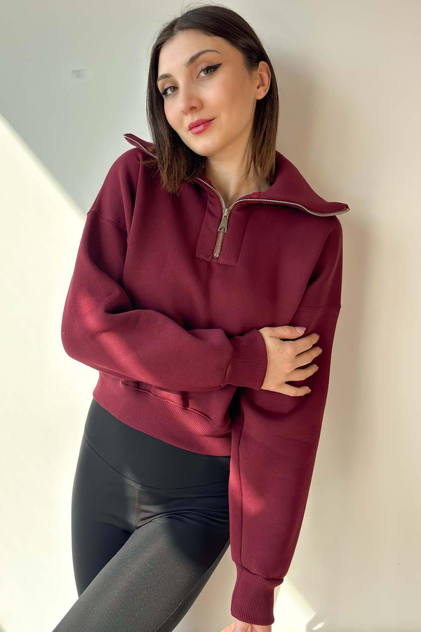 Bordo Yaka Detaylı Crop Sweatshirt