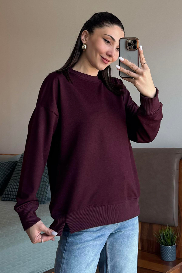 Bordo Yakası ve Kolları Ribanalı Basic Sweatshirt