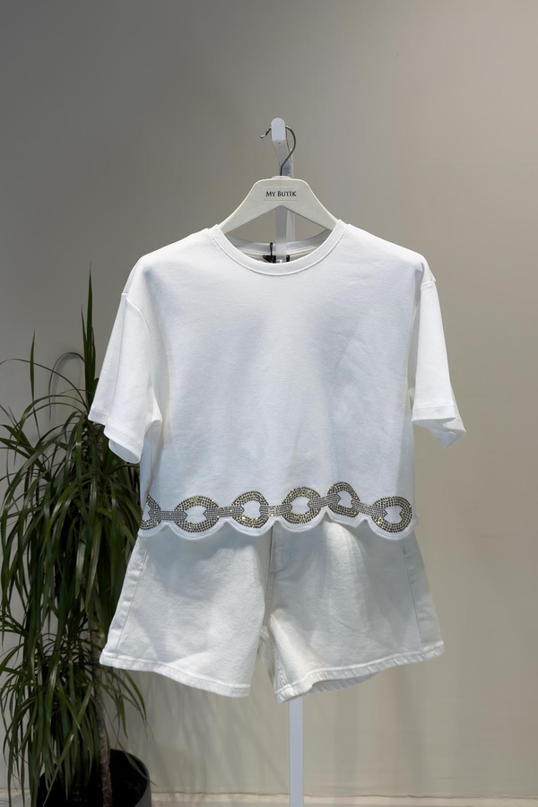 Ekru Altı Taşlı Crop T Shirt