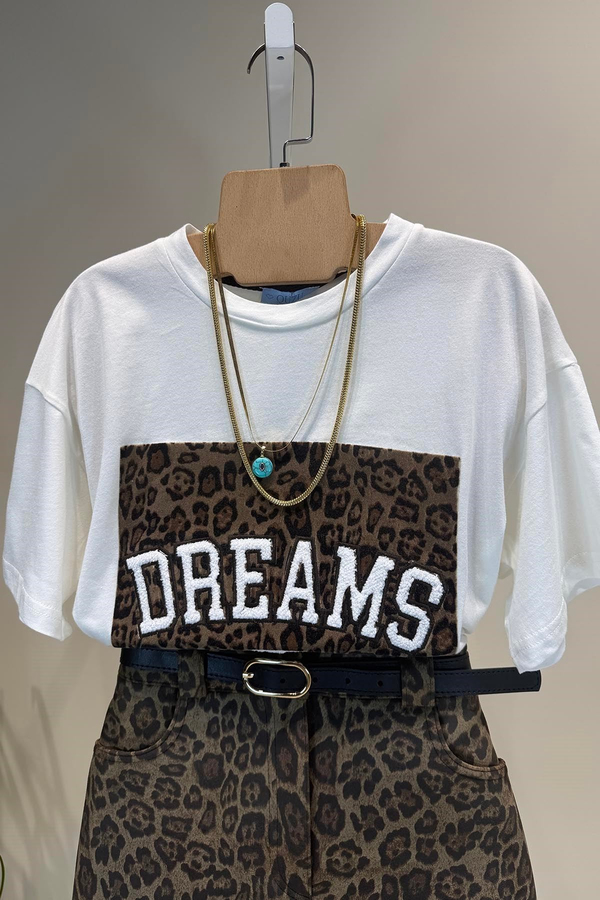 Ekru Dream Leopar Baskılı T Shirt