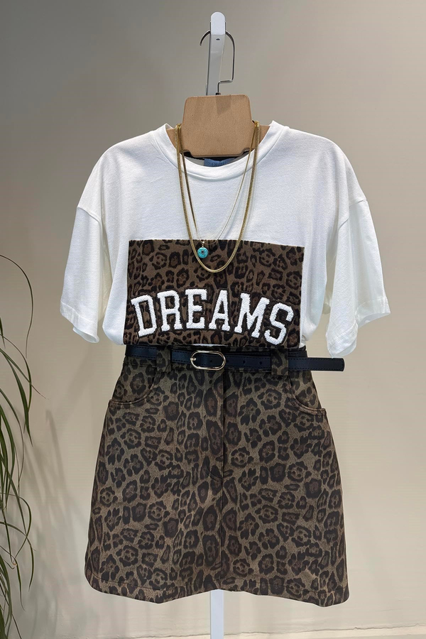 Ekru Dream Leopar Baskılı T Shirt