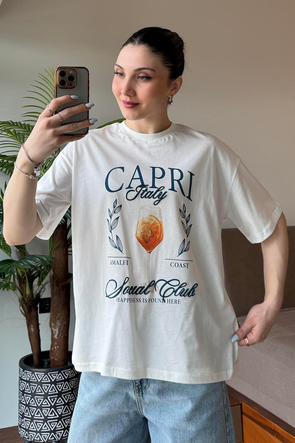 Ekru İtaly Capri Nakışlı T Shirt