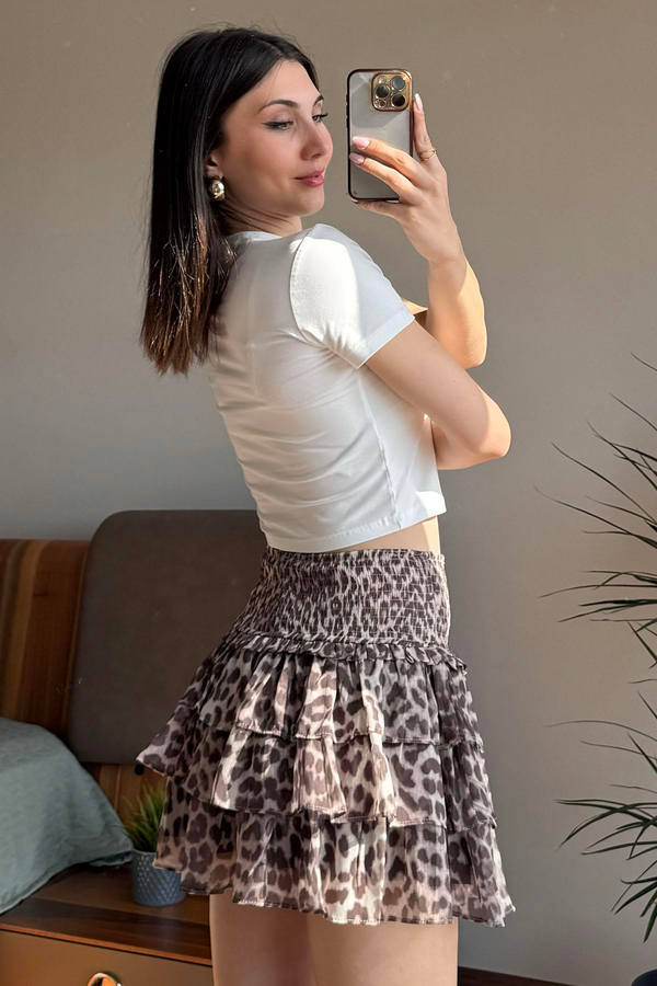 Ekru Leopar Nakışlı Crop T Shirt