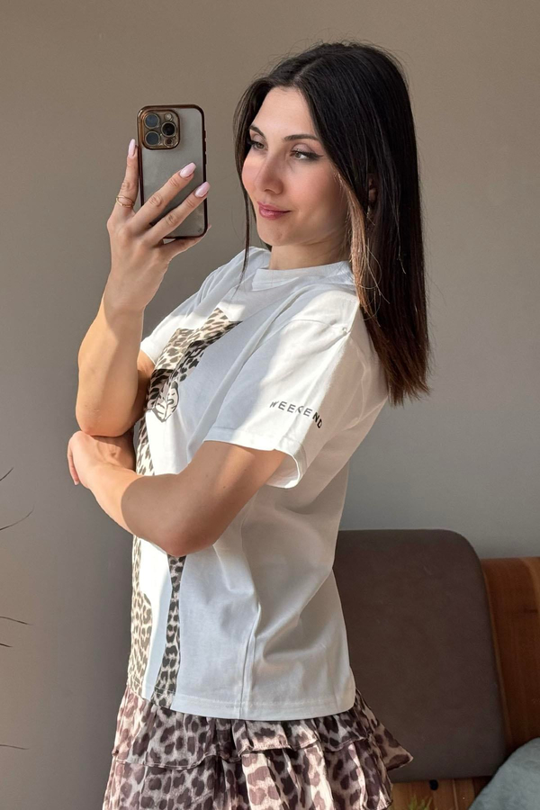 Ekru Leopar Nakışlı T Shirt