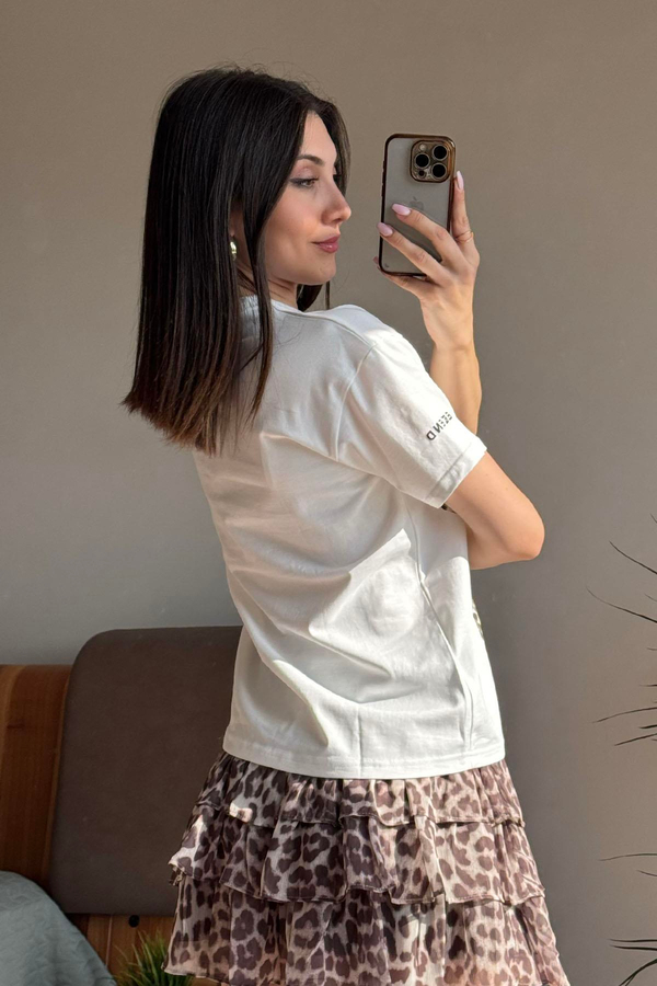 Ekru Leopar Nakışlı T Shirt
