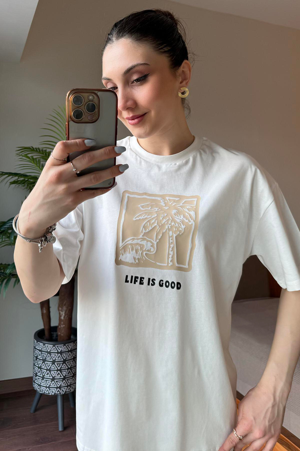 Ekru Life is Good Baskılı T Shirt