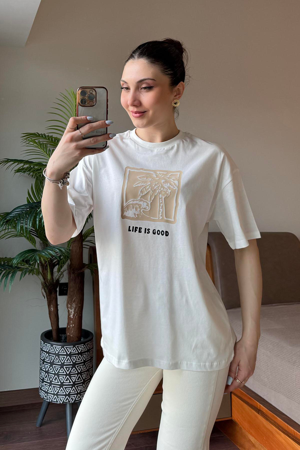 Ekru Life is Good Baskılı T Shirt