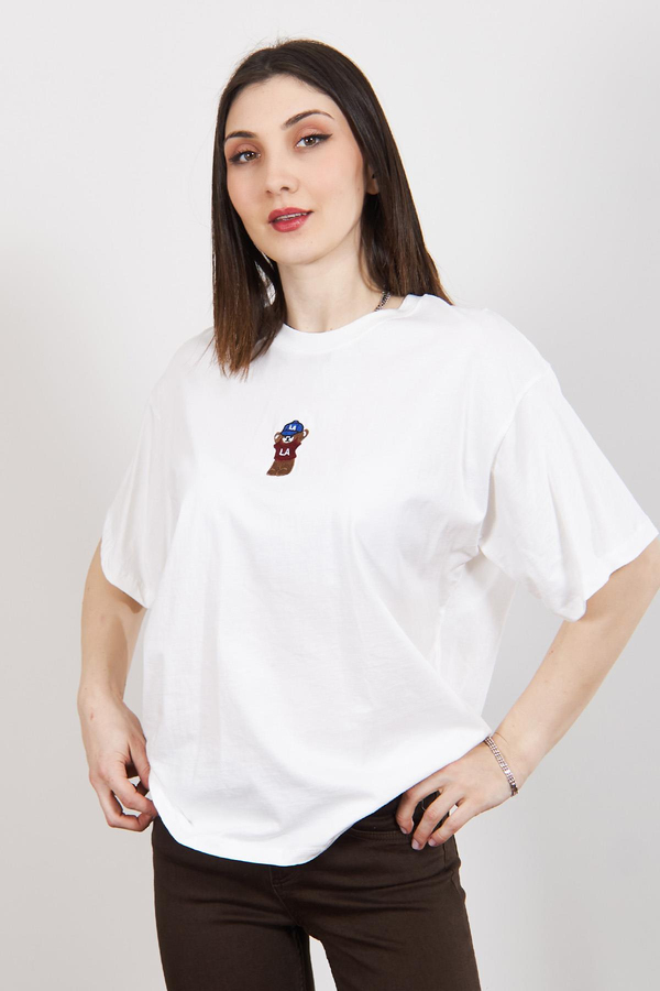 Ekru Teddy Bear Nakışlı Oversize T Shirt