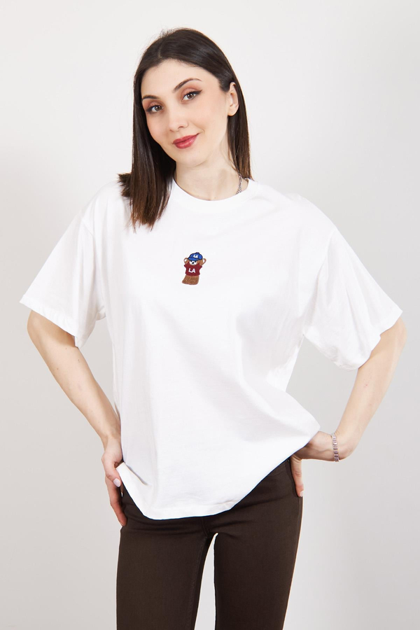 Ekru Teddy Bear Nakışlı Oversize T Shirt