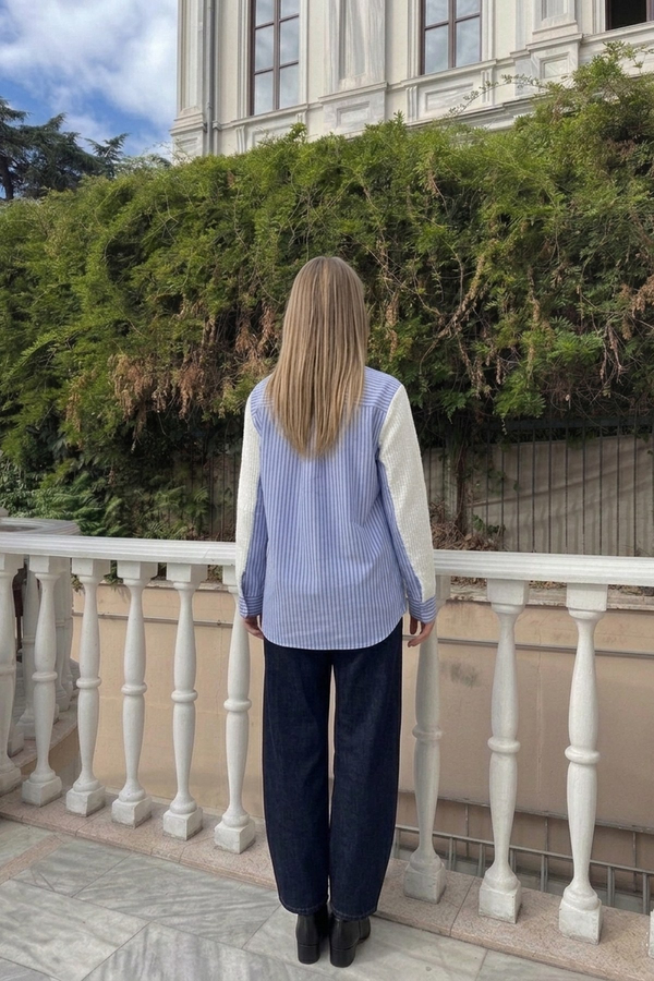 Ekru Triko Garnili Oversize Gömlek