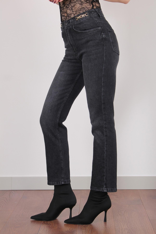 Füme Beli Aksesuarlı Flare Jean Pantolon