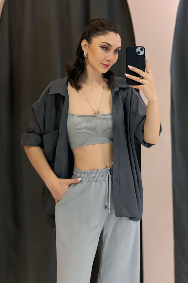 Gri Düşük Omuzlu Oversize Gömlek