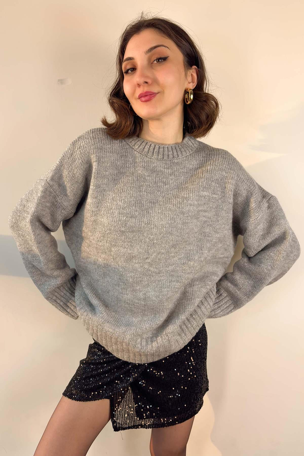 Gri Oversize Bisiklet Yaka Triko Kazak
