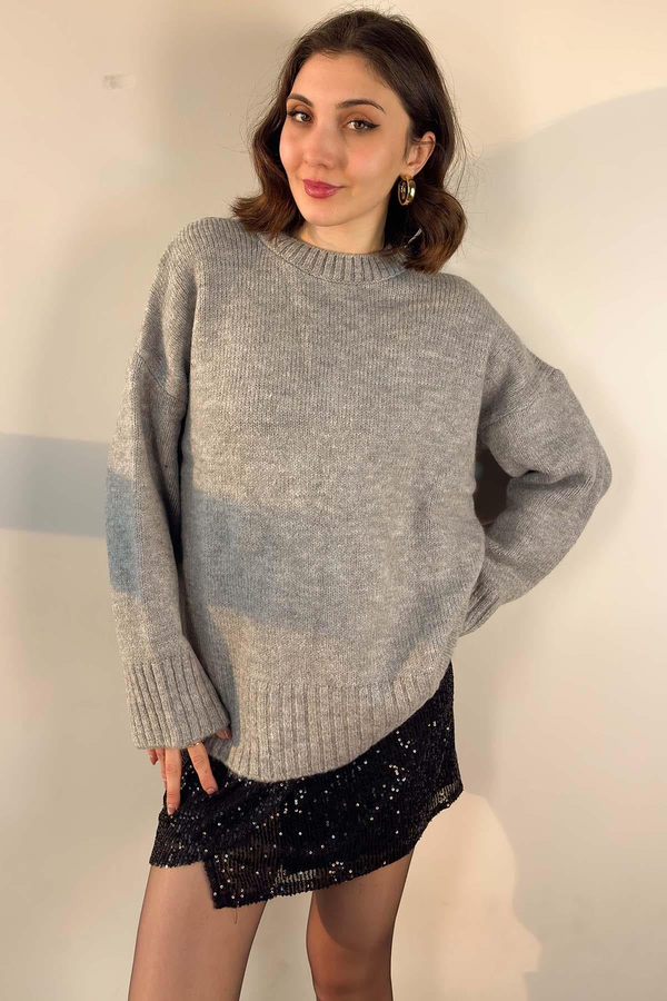 Gri Oversize Bisiklet Yaka Triko Kazak