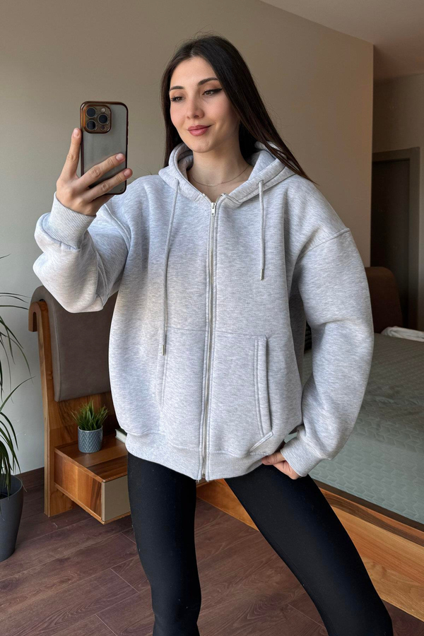 Gri Oversize Kapüşonlu Fermuarlı Hoodie