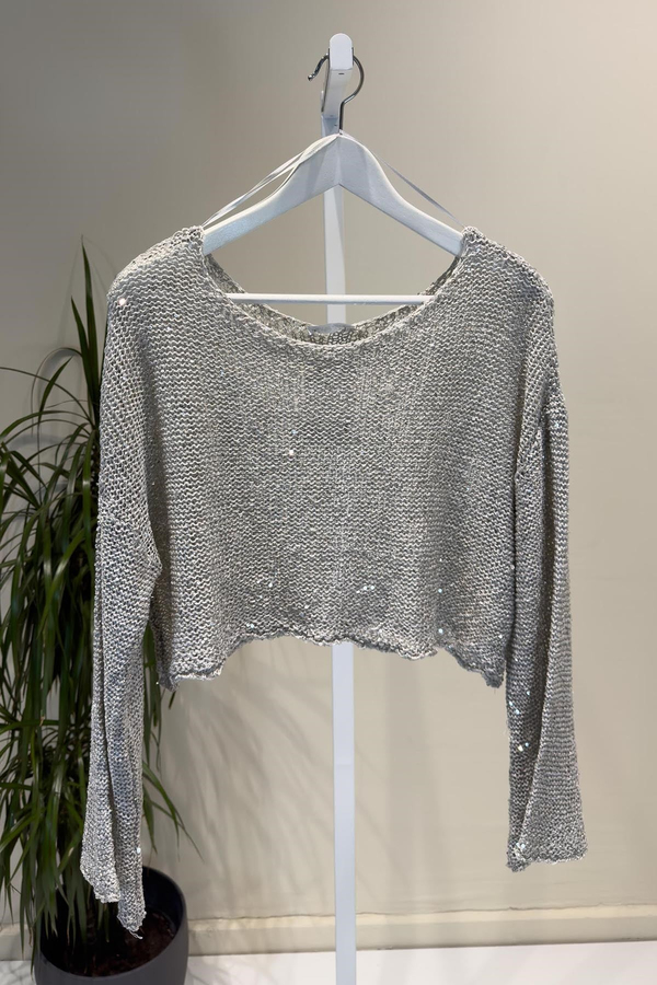 Gri Parlak Taşlı Beach Crop Top
