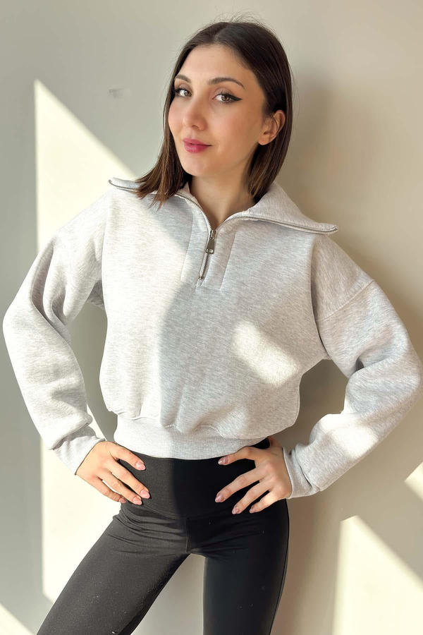 Gri Yaka Detaylı Crop Sweatshirt