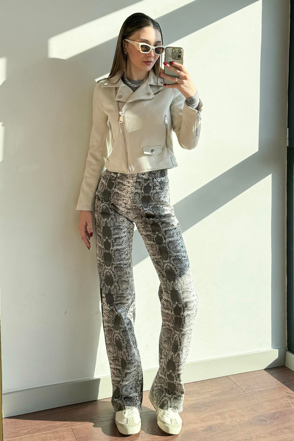 Gri Yılan Desenli Straight Jean