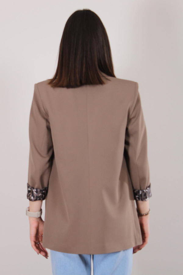 Kahverengi Atlas Kumaş Leopar Astarlı Blazer Ceket