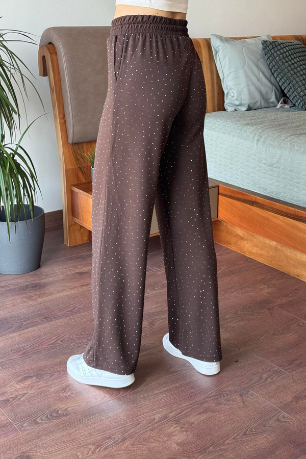 Kahverengi Beli Lastikli Taşlı Pantolon