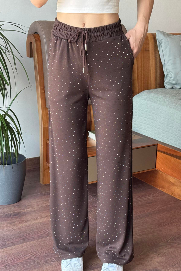 Kahverengi Beli Lastikli Taşlı Pantolon