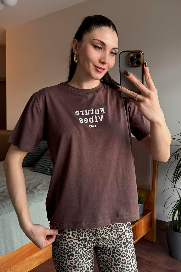 Kahverengi Future Vibes Nakışlı T Shirt