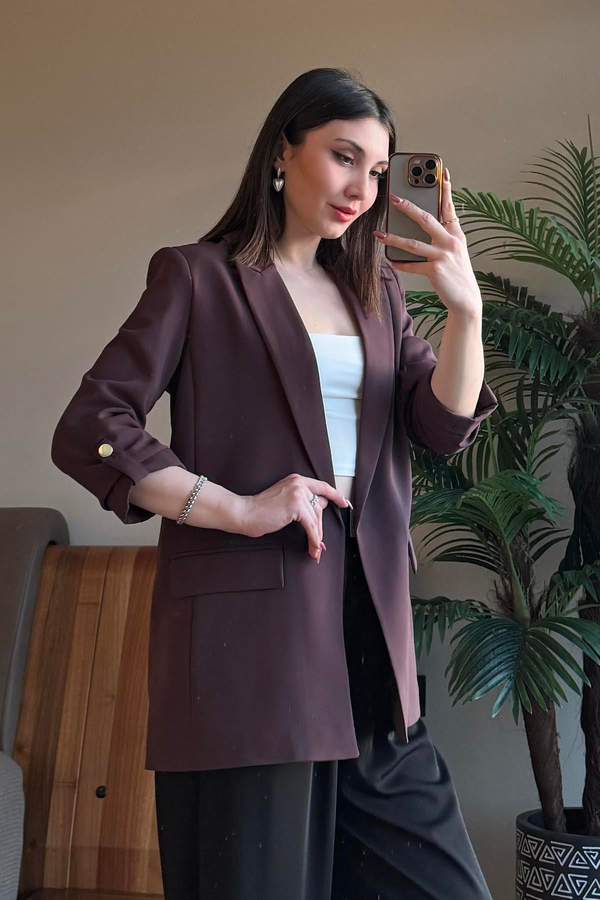 Kahverengi Kol Katlamalı Blazer Ceket