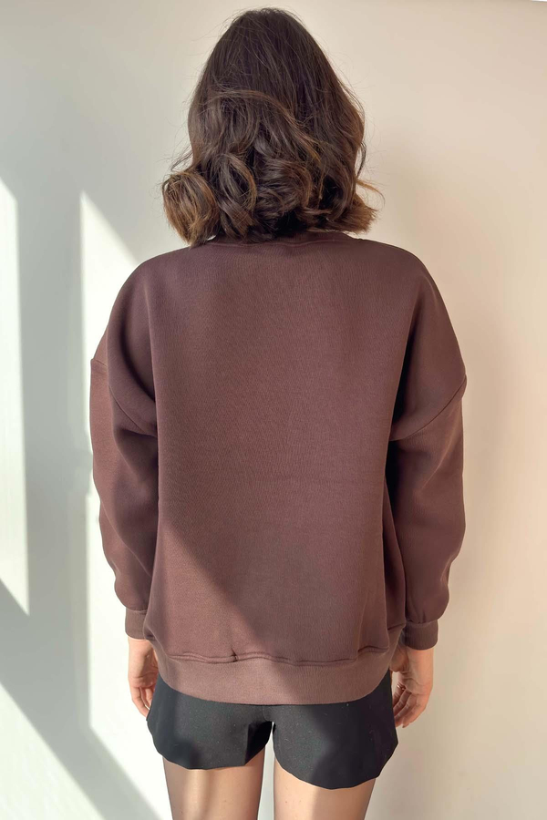 Kahverengi Leopar Nakışlı Fermuarlı Sweatshirt