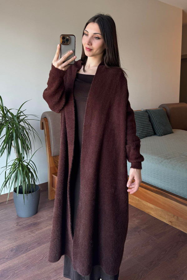 Kahverengi Maxi Boy Yumoş Hırka