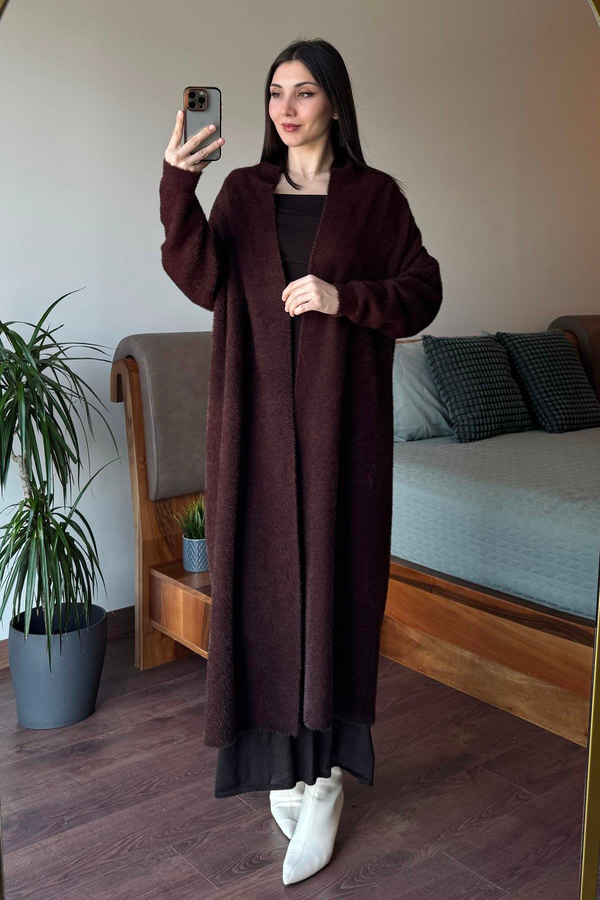 Kahverengi Maxi Boy Yumoş Hırka