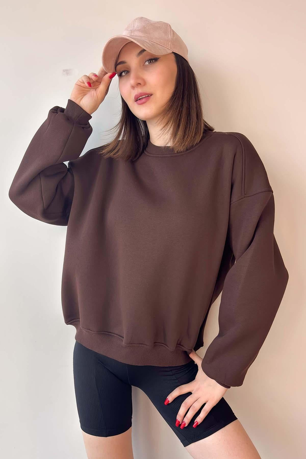 Kahverengi Oversize Bisiklet Yaka İçi Şardonlu Üç İplik Sweatshirt