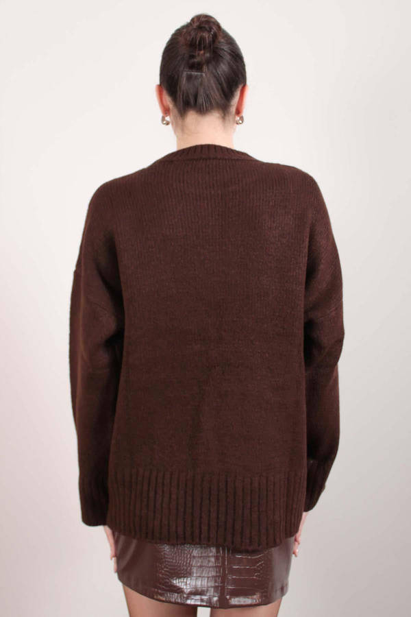 Kahverengi Oversize Bisiklet Yaka Triko Kazak