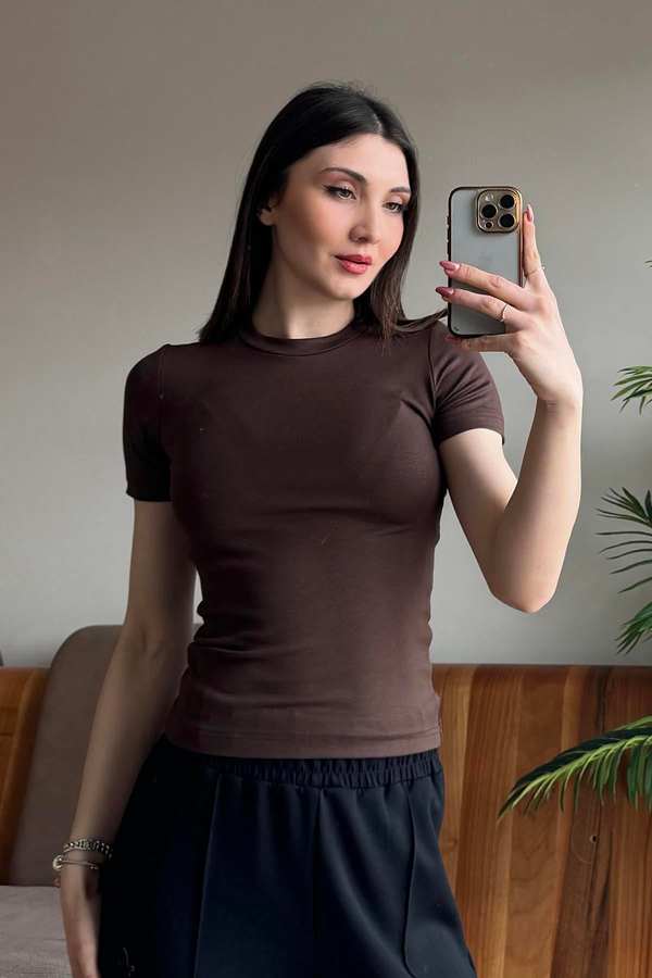 Kahverengi Soft Touch OYSH Kumaş Kısakollu Modal T Shirt