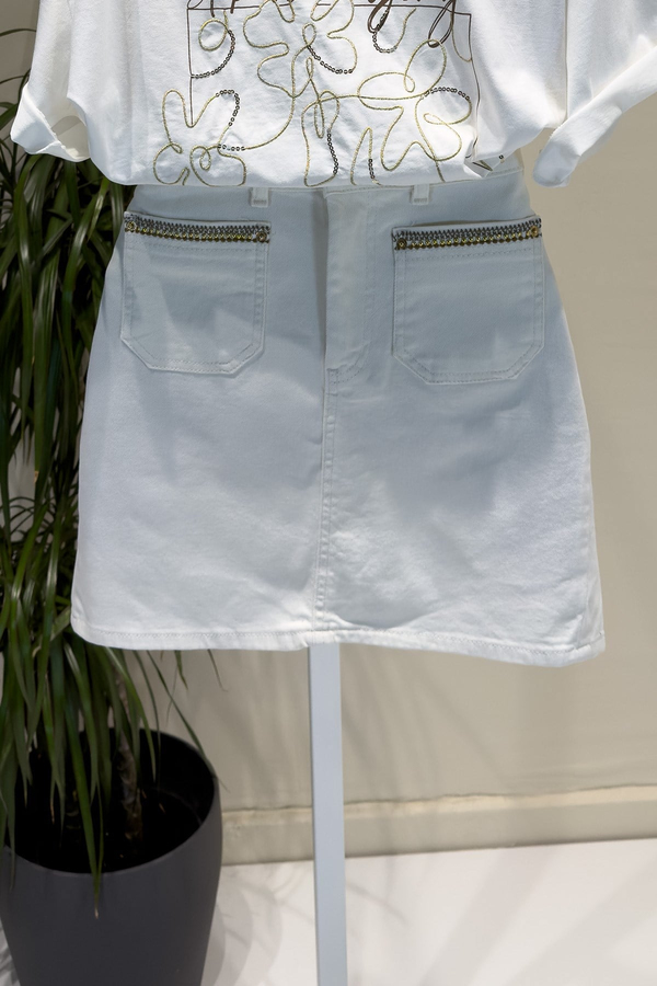Kırık Beyaz Metalik Mini Skirt