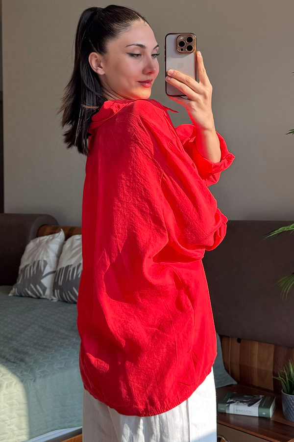 Kırmızı Düşük Omuzlu Oversize Gömlek
