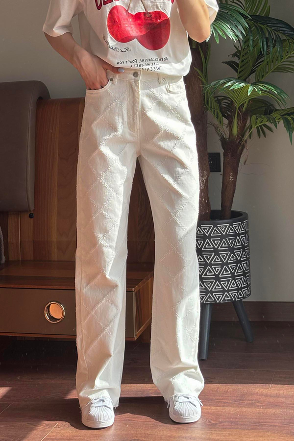Krem Kendinden Desenli Denim Pantolon
