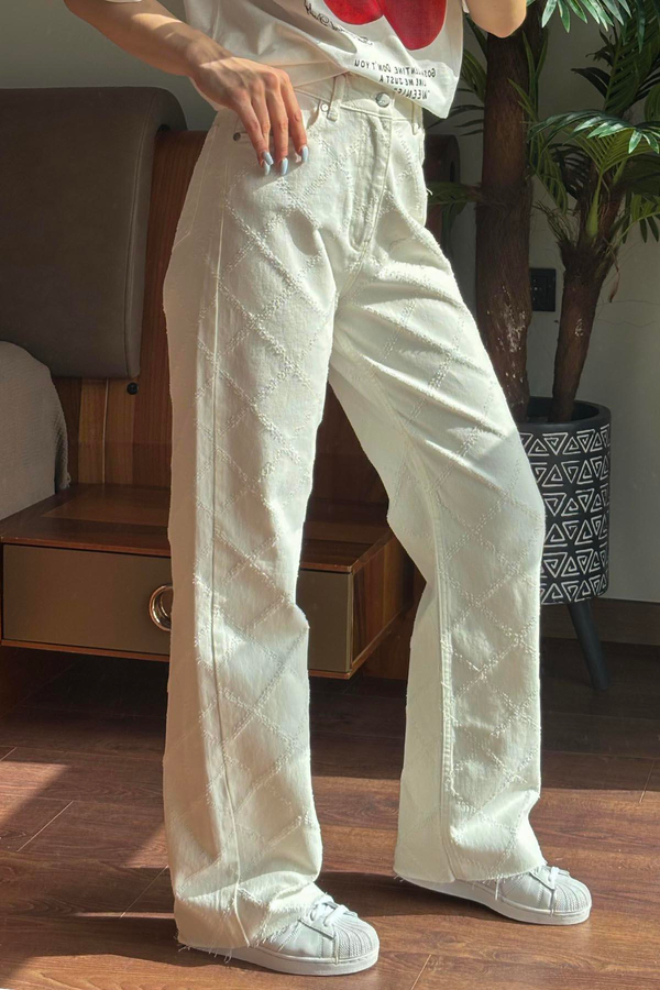 Krem Kendinden Desenli Denim Pantolon