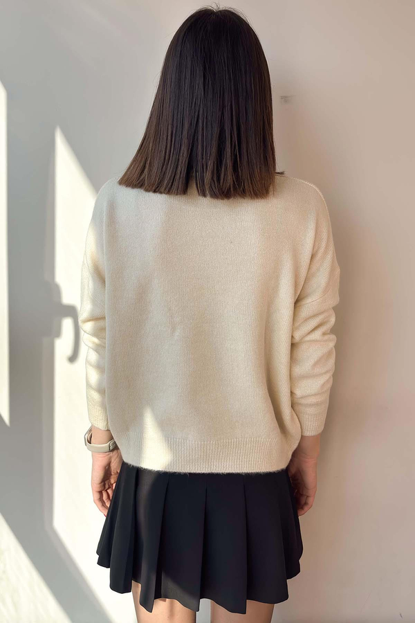 Krem Keten Çiçekli Oversize Kazak